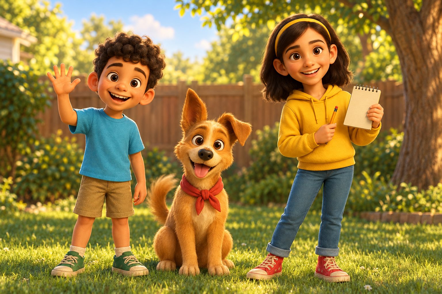 Ellie, her little brother Theo, and their dog Dasch in their backyard