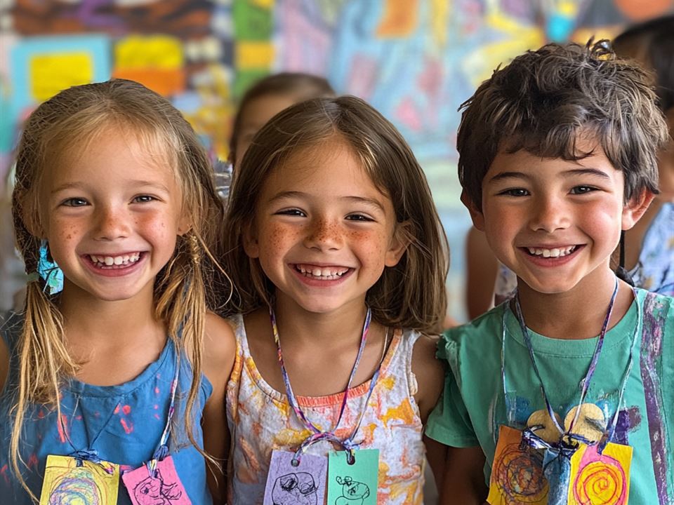 Three young kids smiling and wearing paper necklaces they made