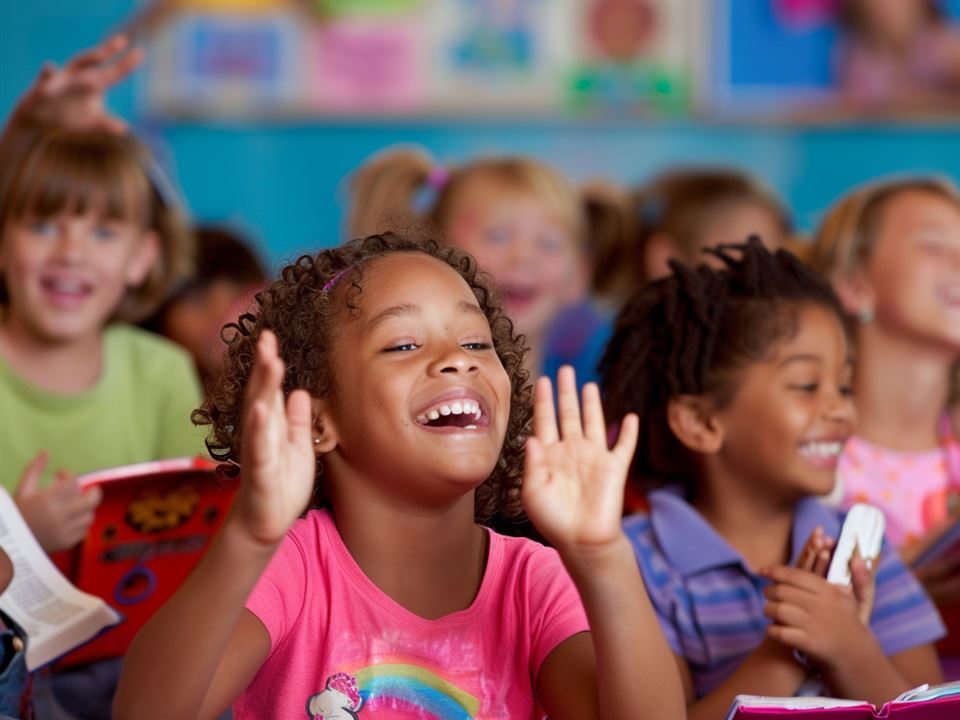 Kids singing and clapping with Bibles in their laps