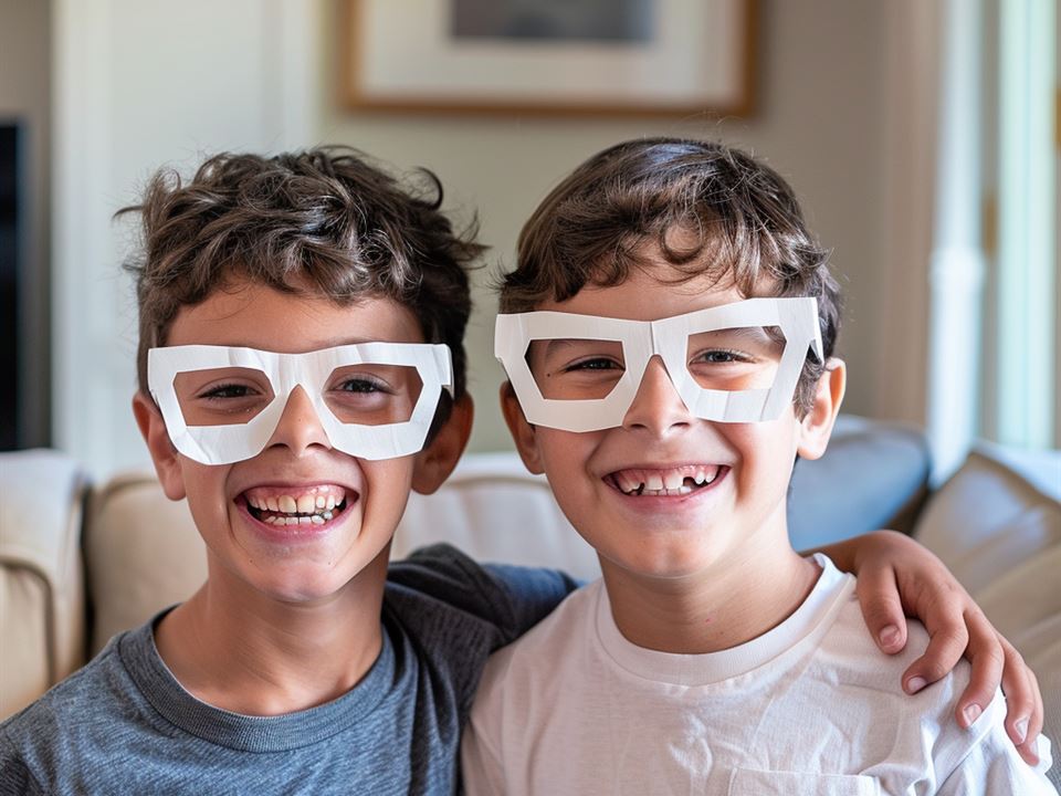 Two smiling boys wearing paper glasses they made in a lesson about worldview