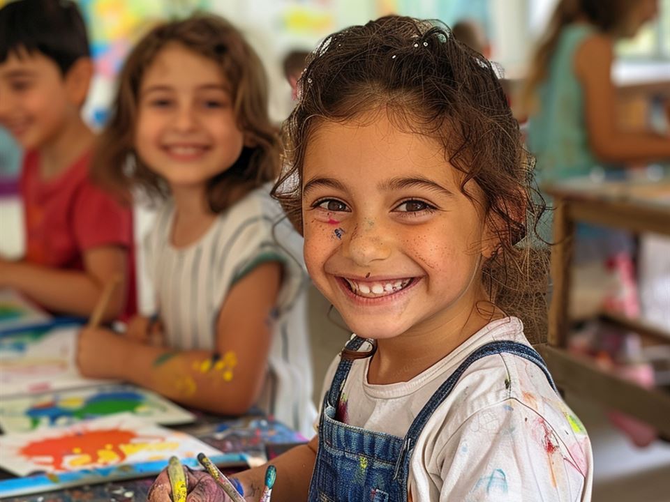 A smiling preschooler with paint on her hands at an art table