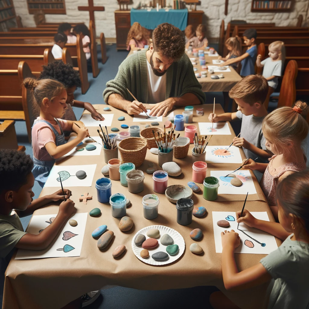 In a Bible class setting, a small group of children are gathered around a table painting stons