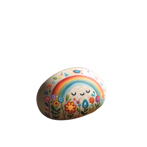 smooth stone painted with flowers and rainbows