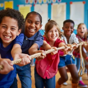 kids playing tug of war in class