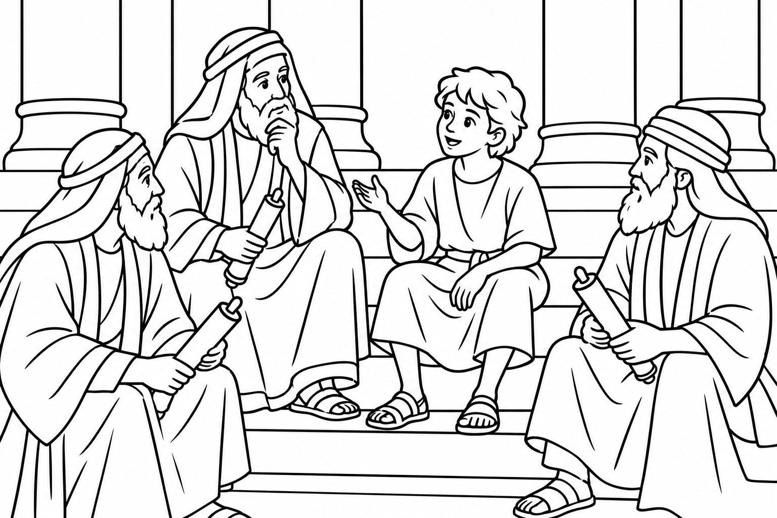 Boy Jesus at the Temple Coloring Page 2: Coloring page: boy Jesus with the teachers in the temple, scrolls and columns around them.
