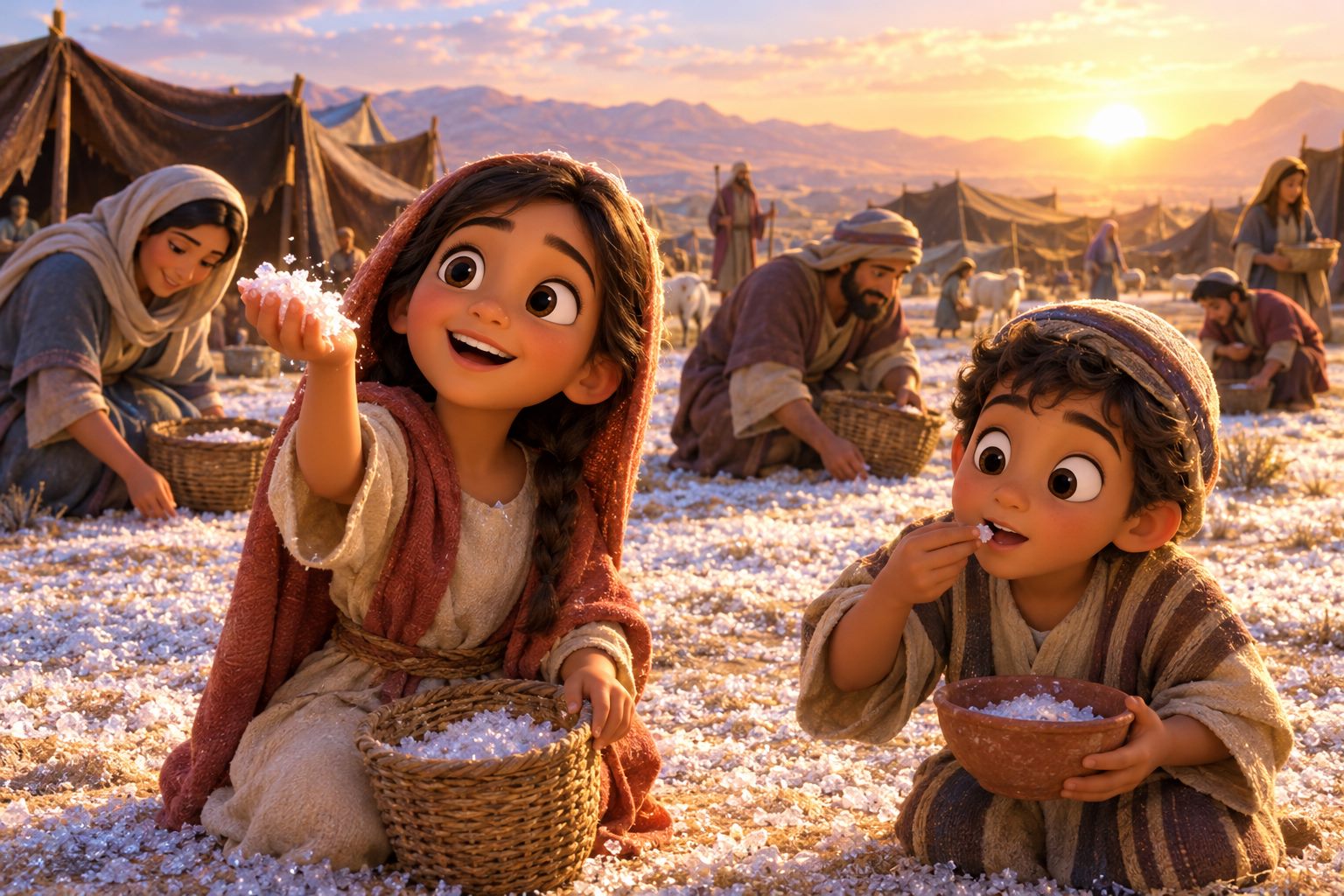 Israelite families gathering white flakes of manna from the ground at sunrise around their tents in the desert.