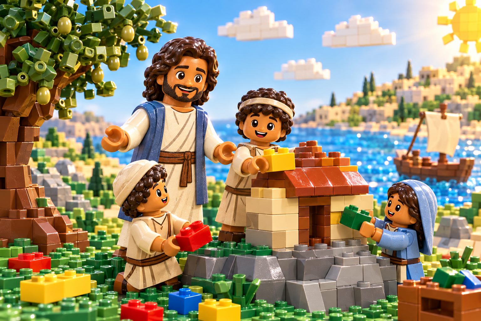 Children's hands building a little house of colorful plastic bricks on a rock, with Bible pages nearby