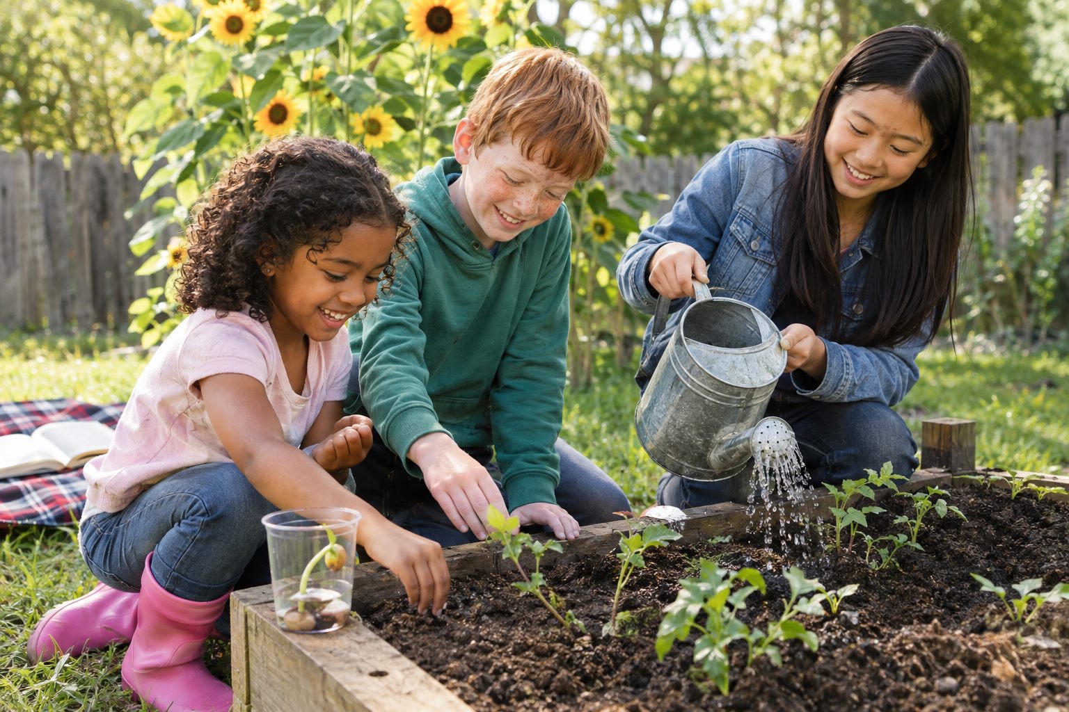 Children planting seeds in a garden with a Bible open on the grass