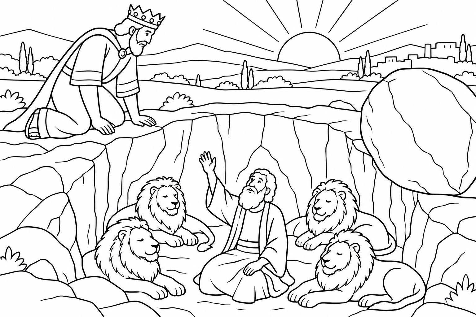 Daniel and the Lions Coloring Page 2: Coloring page: the king at the top of the den at sunrise and Daniel waving from below with lions lying down.
