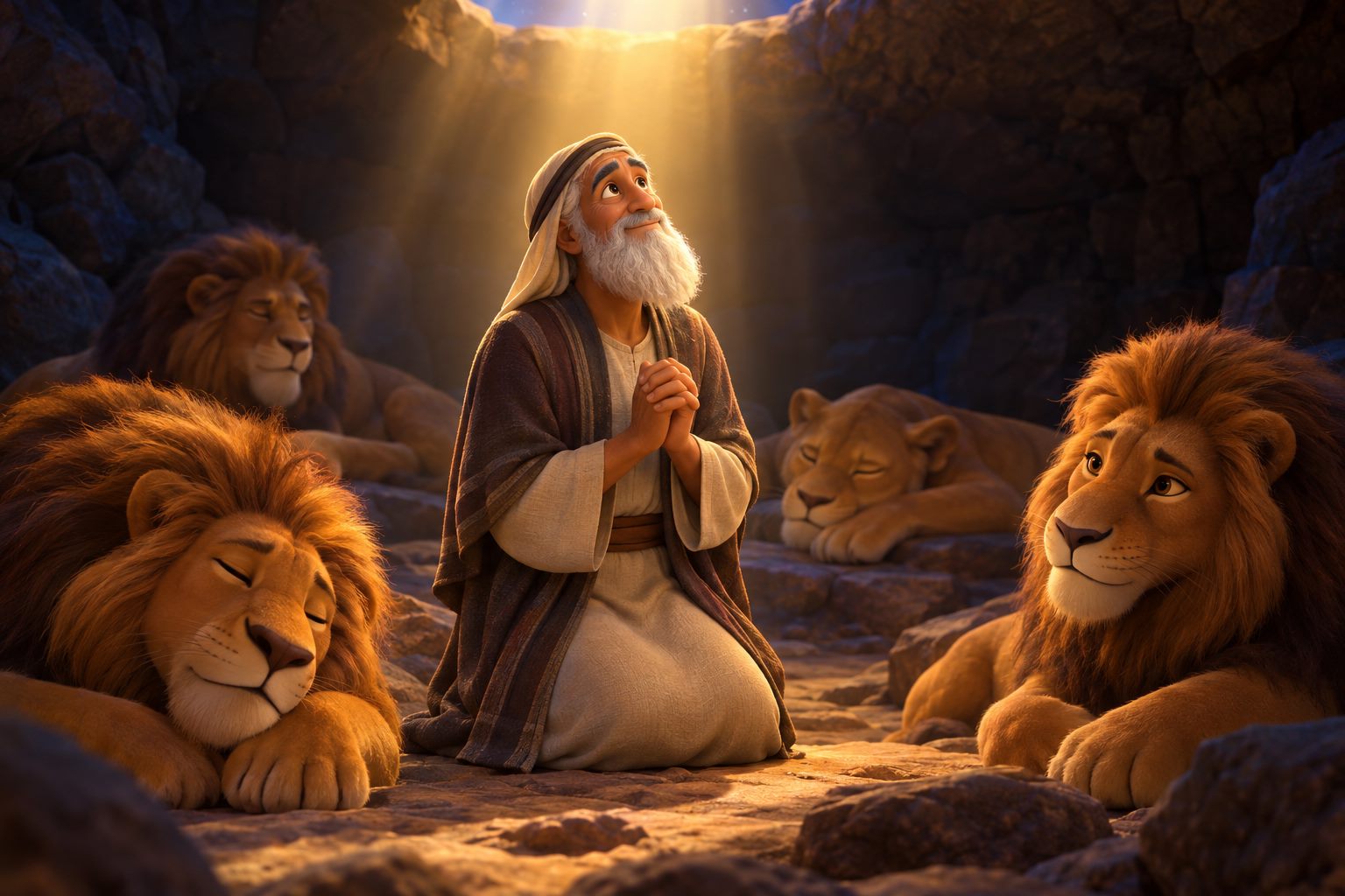 Old Daniel calmly kneeling in the lions' den at night as a shining angel stands near and the lions lie down peacefully.