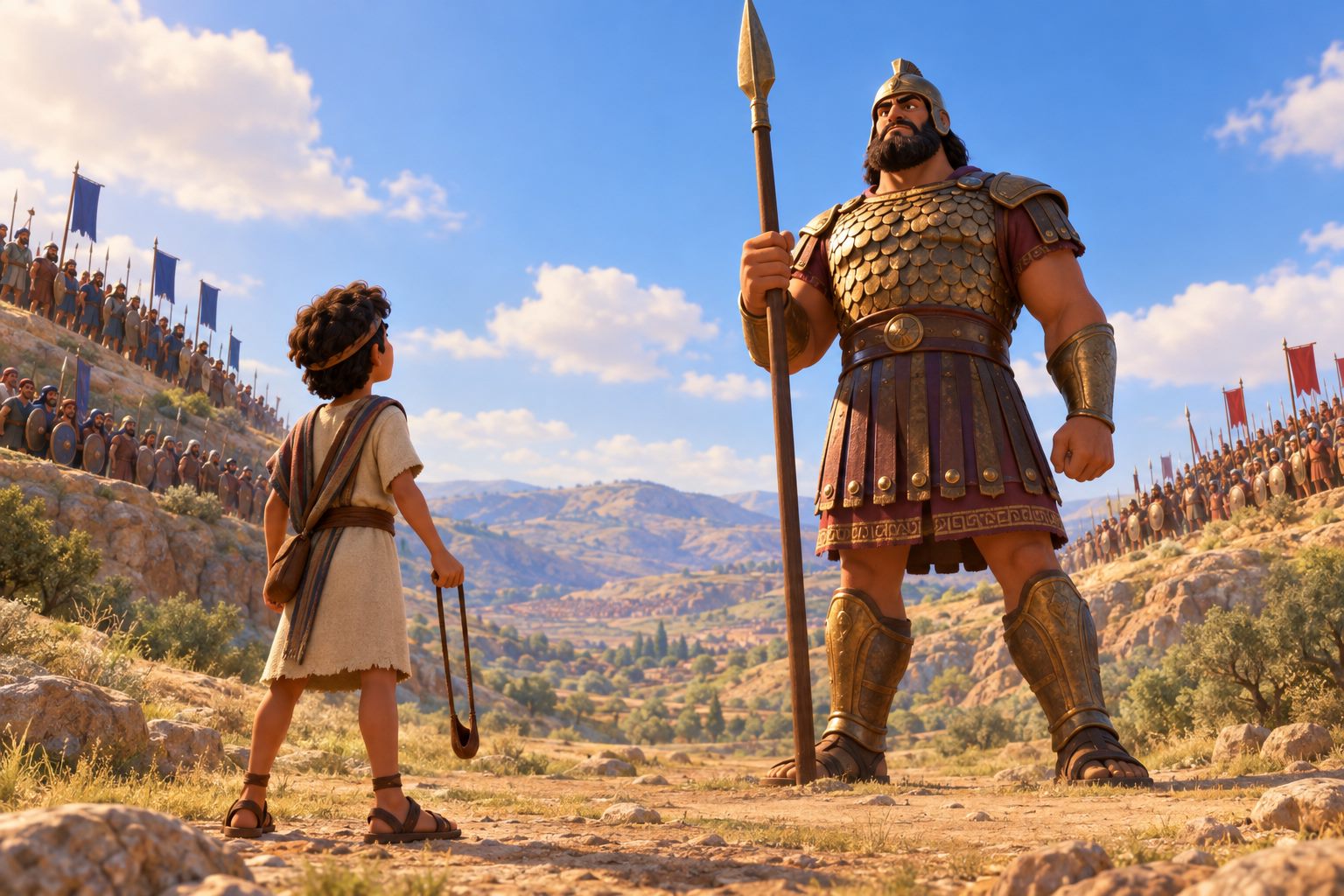 Young David with his sling faces the giant Goliath in the Valley of Elah.