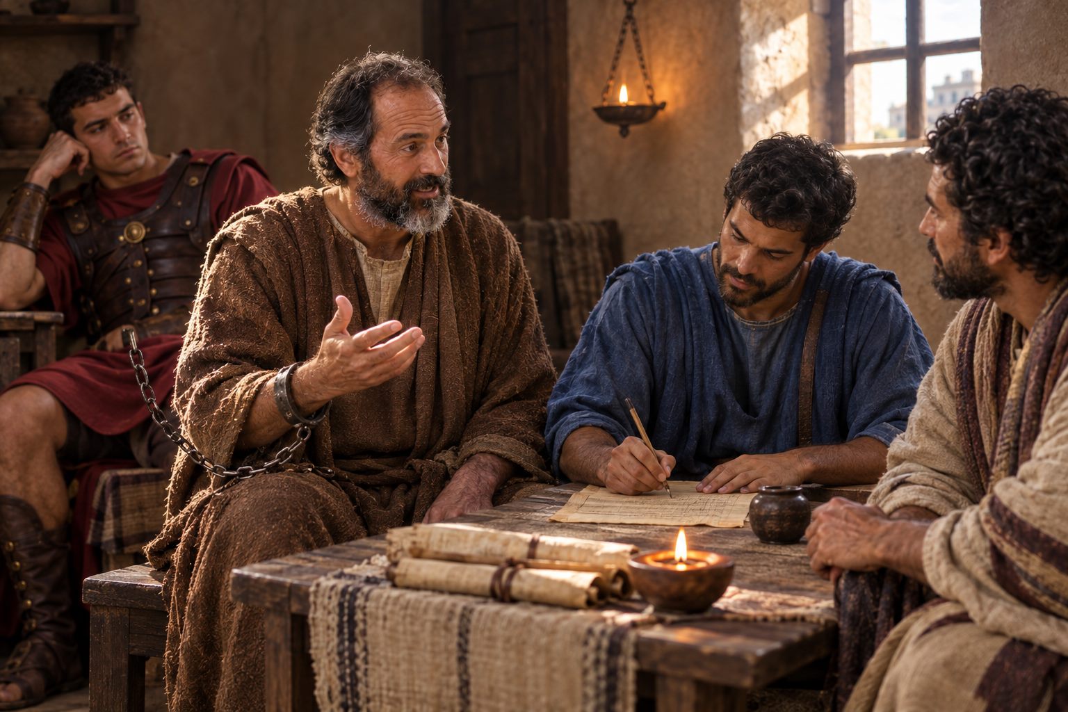 Paul under house arrest in Rome, chained to a Roman soldier, dictating a letter by lamplight.