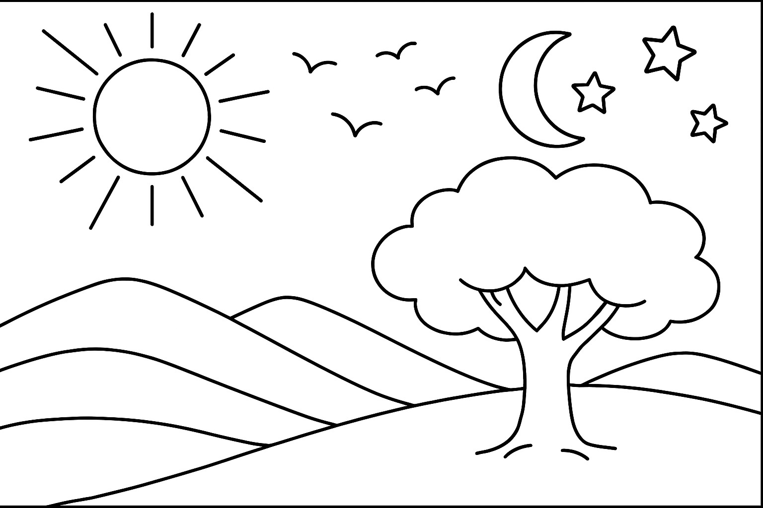 God Makes Everything Coloring Page 2: Coloring page: the sun, moon and stars over hills, with a tree and birds.