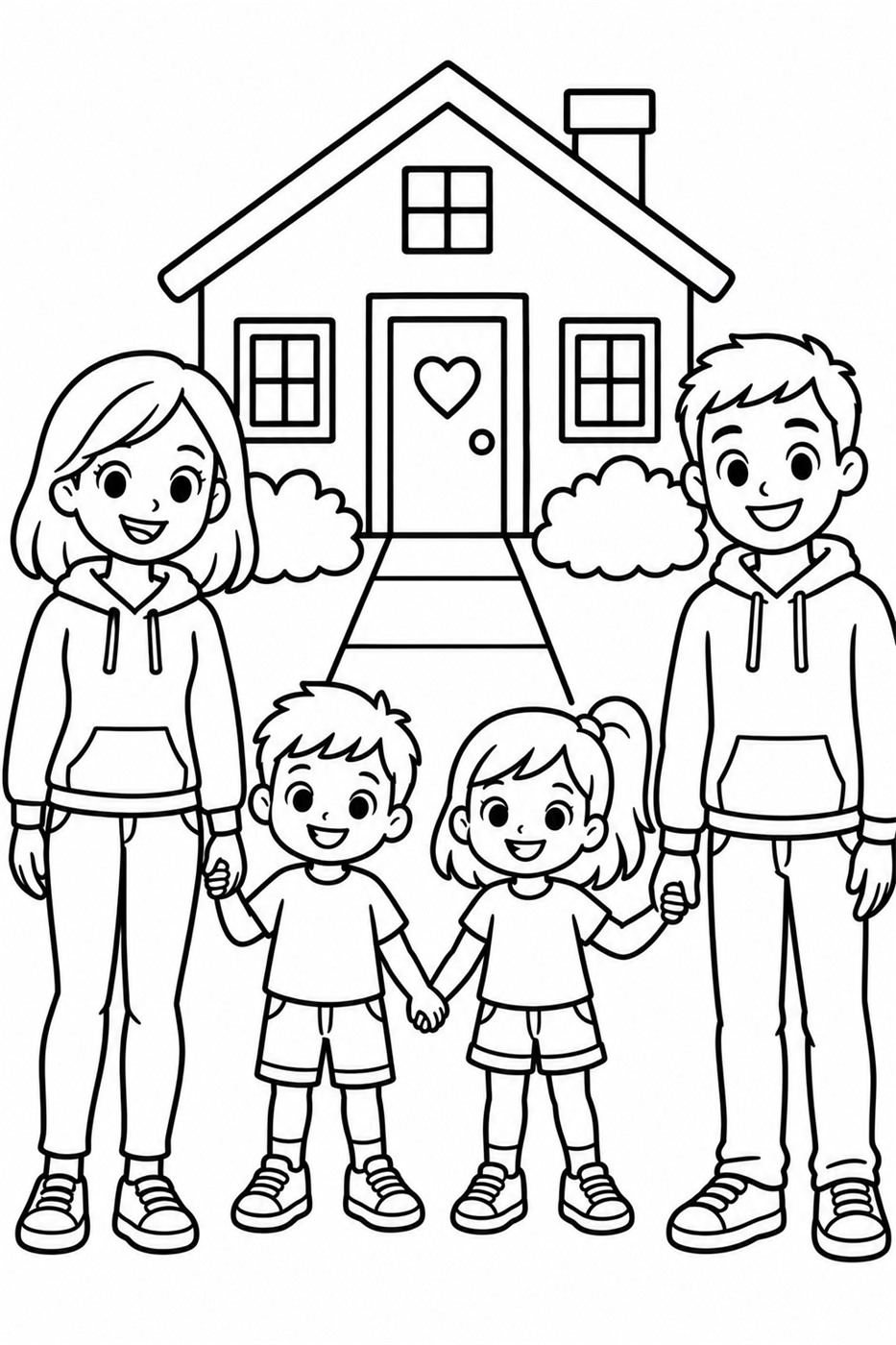 God's Design for Family Coloring Page: Coloring page: a happy family holding hands in front of a house.