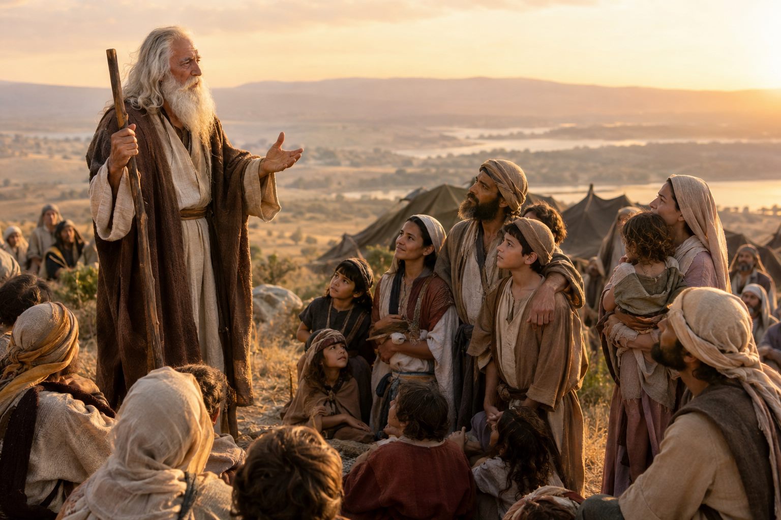Old Moses on the plains of Moab teaching Israelite families, parents holding their children close.