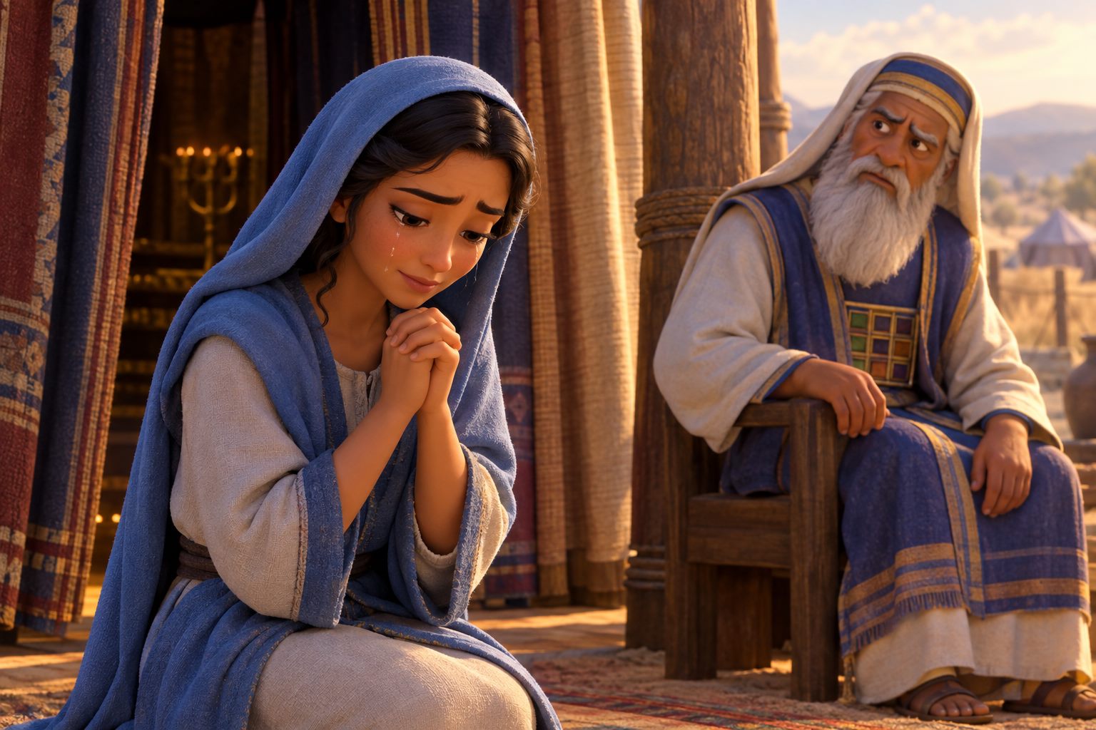 Hannah praying with tears at the doorway of the house of the LORD at Shiloh while old Eli the priest watches from his seat.