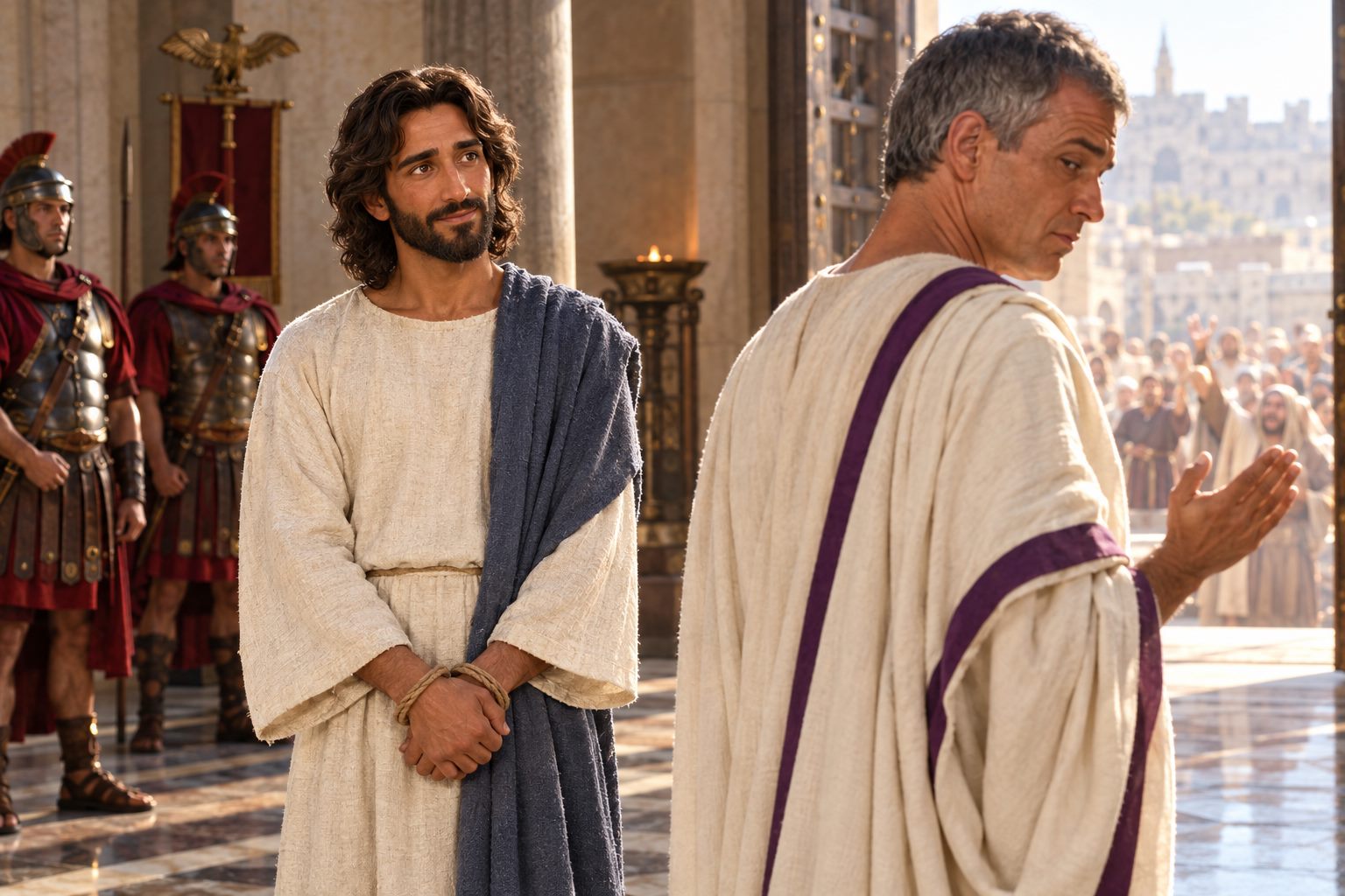 Jesus standing calm before Pilate inside the governor's hall, as Pilate turns away asking, 'What is truth?'