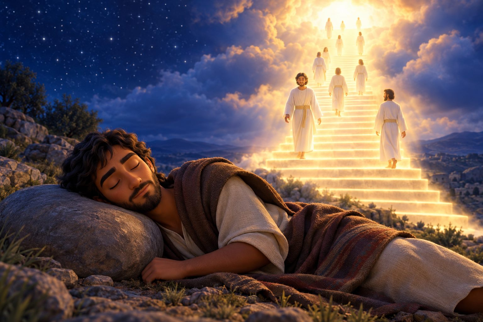 Jacob asleep on the ground with a stone pillow, dreaming of a glowing stairway to heaven with angels on it.