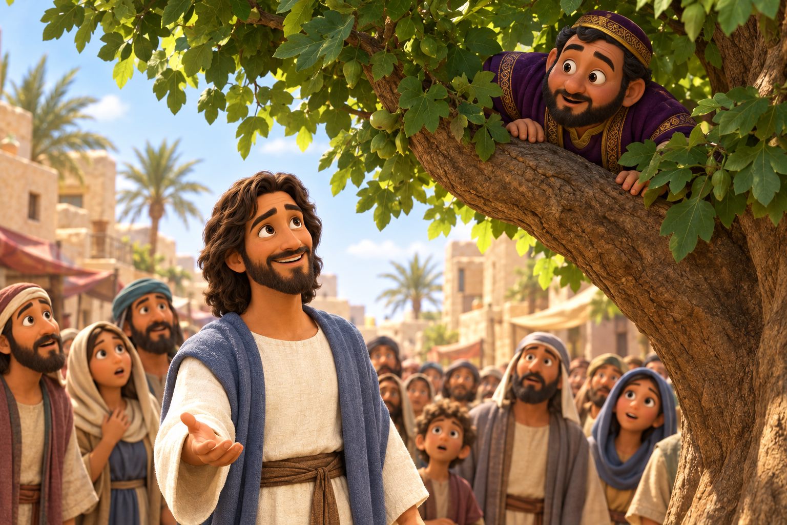 Jesus stopping in a crowded Jericho street and smiling up at Zacchaeus, who peeks out from the branches of a sycamore-fig tree.