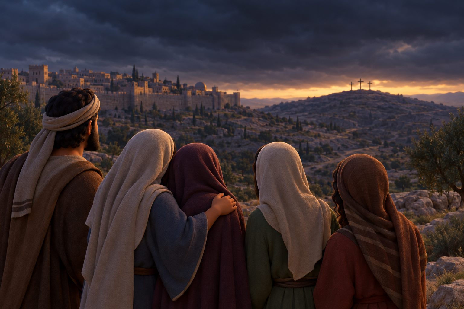 Three crosses in silhouette on a hill outside Jerusalem under a darkened sky, with a small group of sad friends and women watching from a distance.