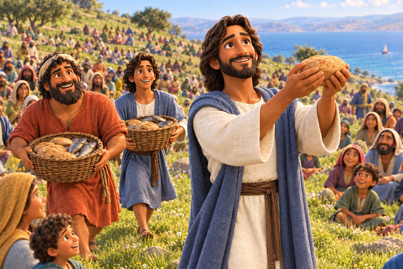 Jesus holding up the bread and giving thanks on a green hillside before a huge crowd sitting in groups, the disciples passing out baskets.