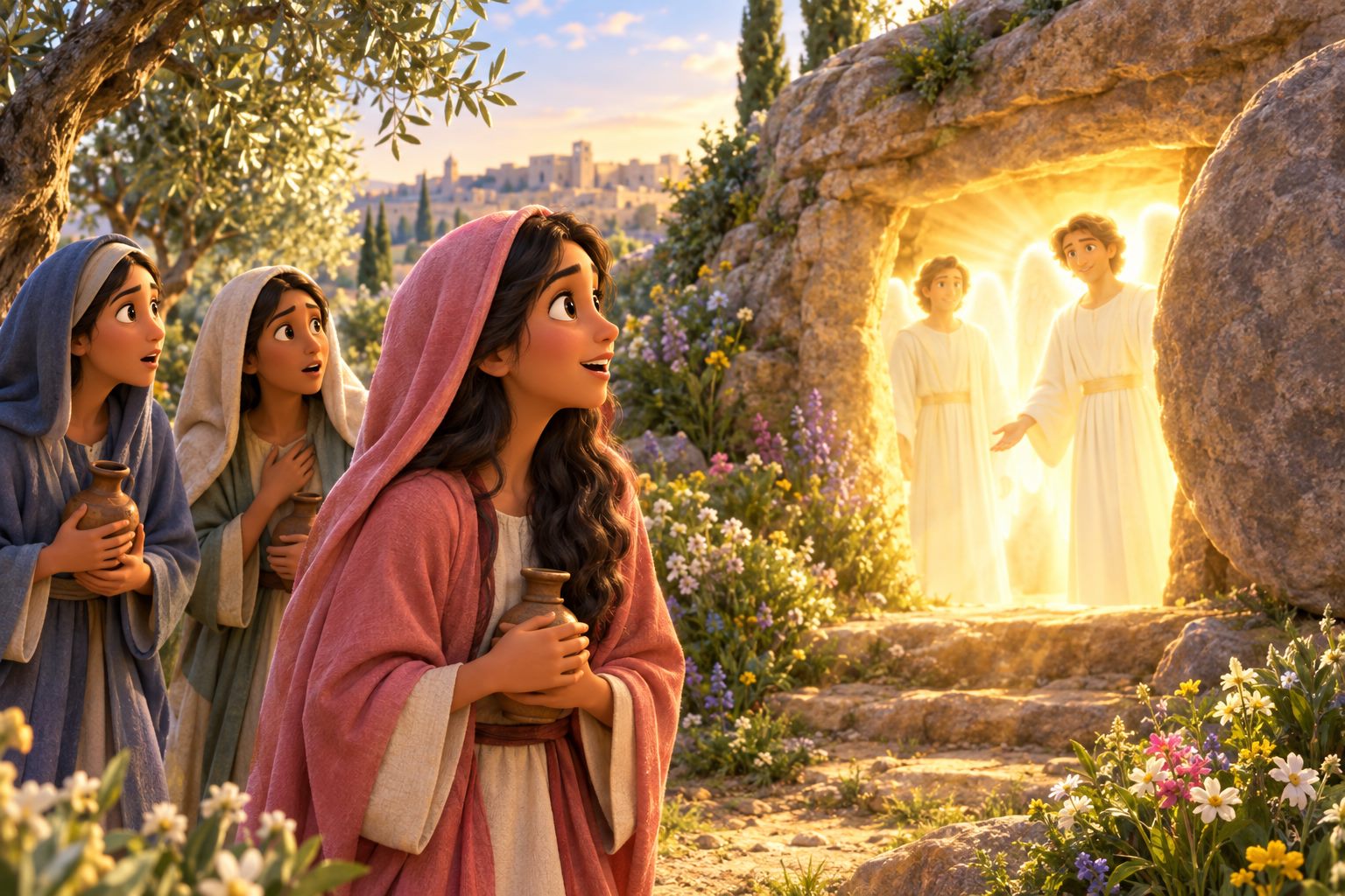 At sunrise, women with spice jars stand amazed at an open rock tomb with the great stone rolled away, two shining angels inside.