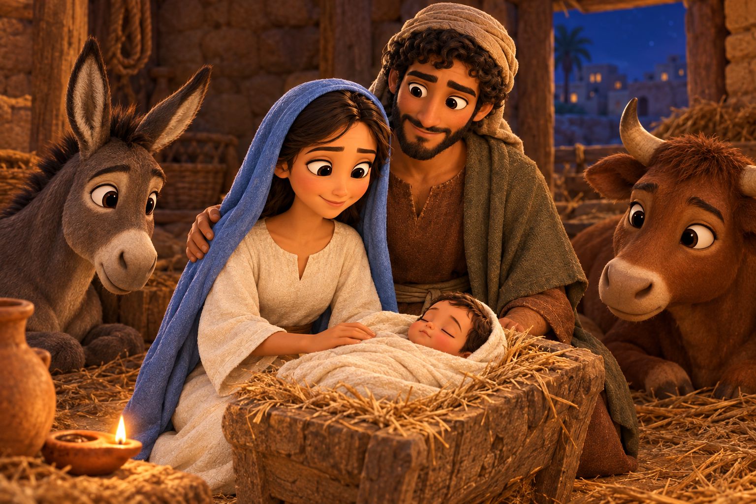Mary and Joseph gazing at baby Jesus lying in a stone manger in a warm, simple animal shelter at night.
