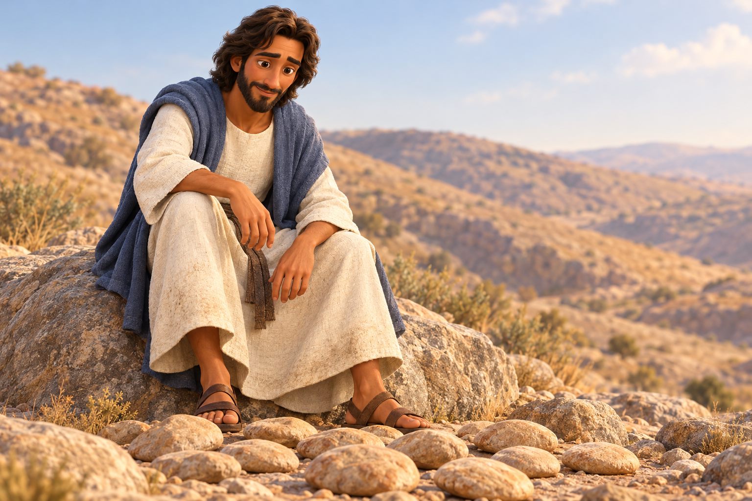 Jesus alone in the rocky Judean wilderness, tired and hungry, looking at round stones that look like loaves of bread.