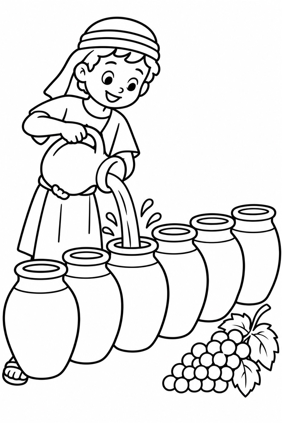 Jesus Turns Water into Wine Coloring Page: Coloring page: six big jars in a row with a smiling servant pouring water.