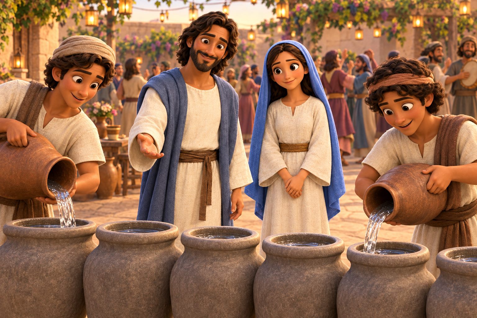 Servants pour water into six huge stone jars at a village wedding while Jesus stands nearby and Mary watches.