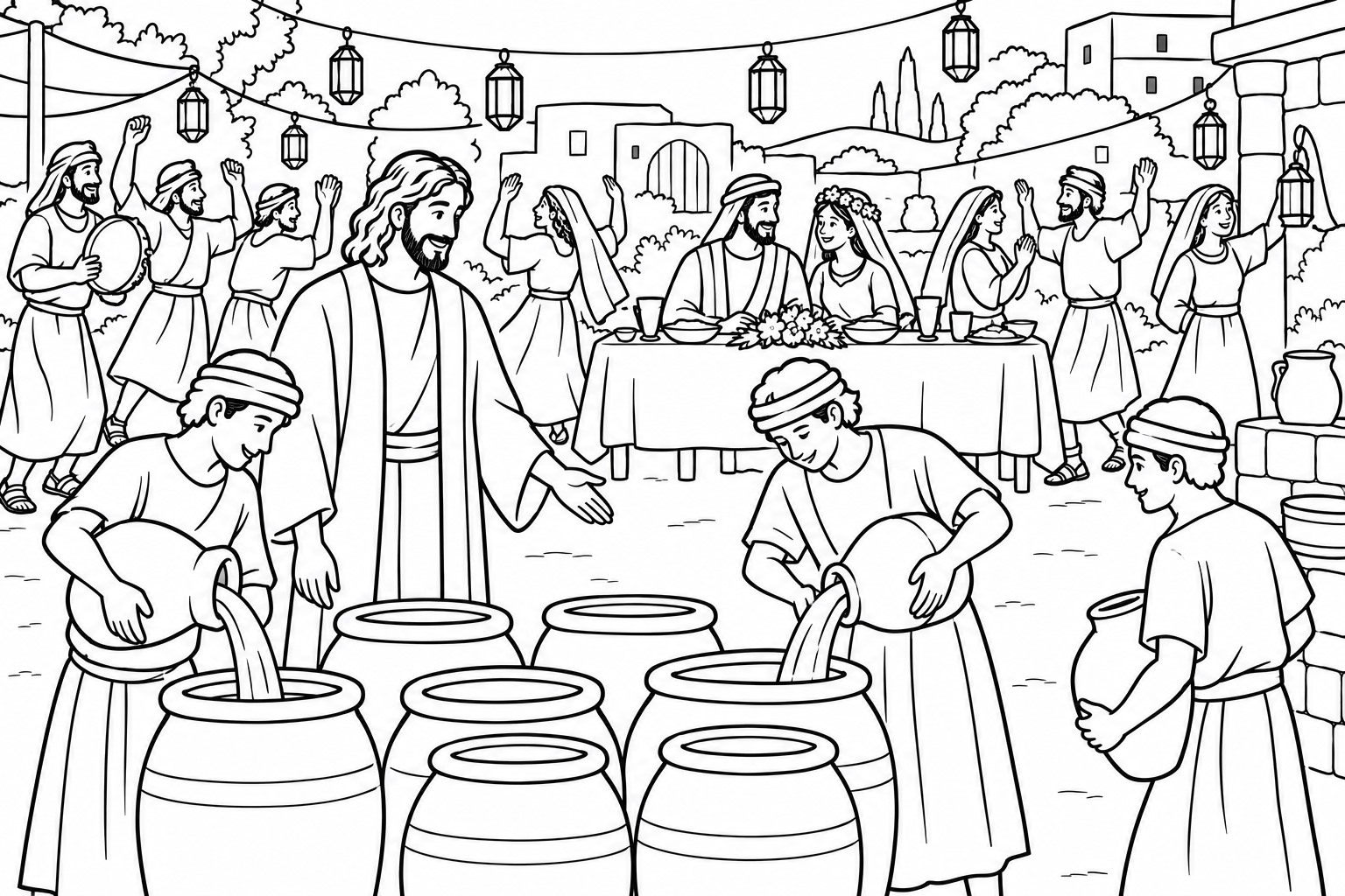 Jesus Turns Water into Wine Coloring Page 2: Coloring page: Jesus at the wedding with the servants filling the jars and guests celebrating.