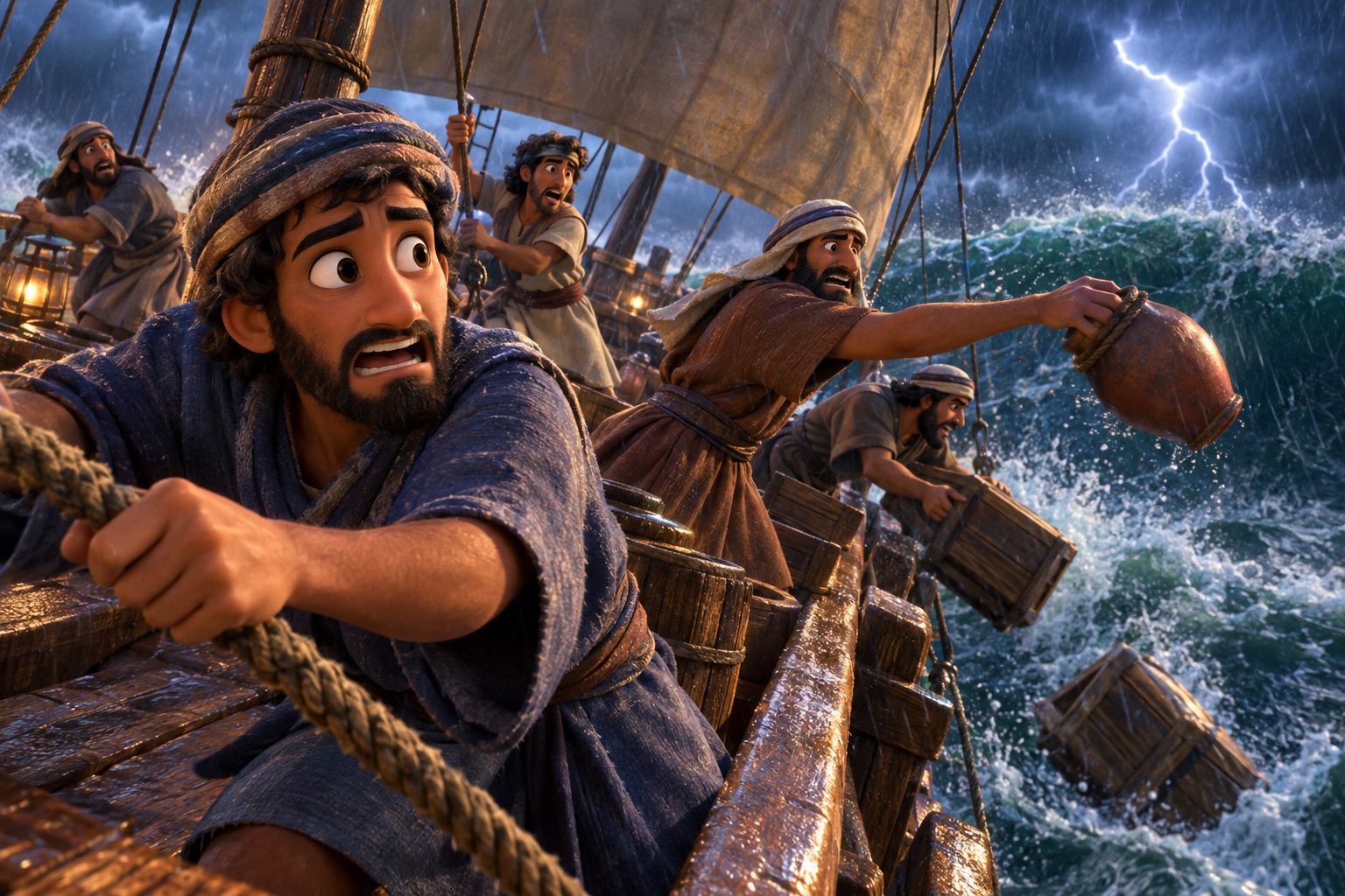 A wooden sailing ship tossed by huge waves in a terrible storm while frightened sailors throw cargo overboard.