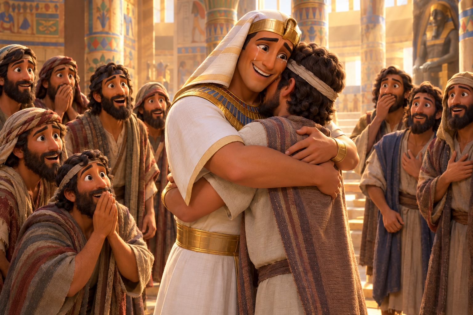 Joseph, dressed as an Egyptian ruler, weeping as he hugs his younger brother Benjamin while the other brothers watch amazed.