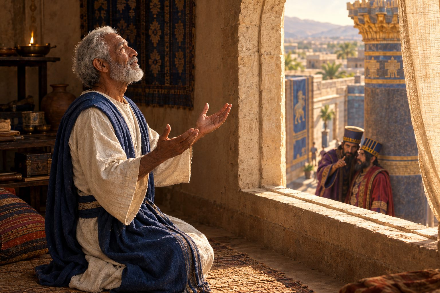 Old Daniel kneeling at his open window to pray while jealous officials watch from the street.