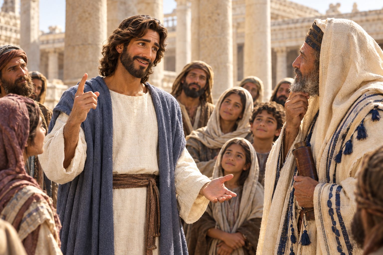 Jesus in the temple courts answering an expert in the law, holding up two fingers, while a crowd listens.
