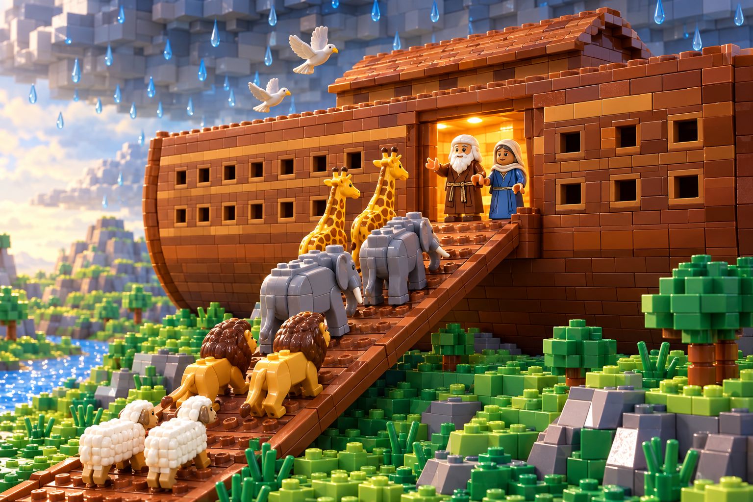 A brick-built ark in the first raindrops, with animals walking up the ramp two by two and Noah at the door.