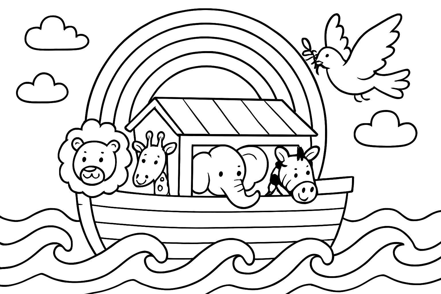 Noah and the Flood (Faithfulness) Coloring Page 2: Coloring page: the ark on the waves with animals at the windows and a rainbow.