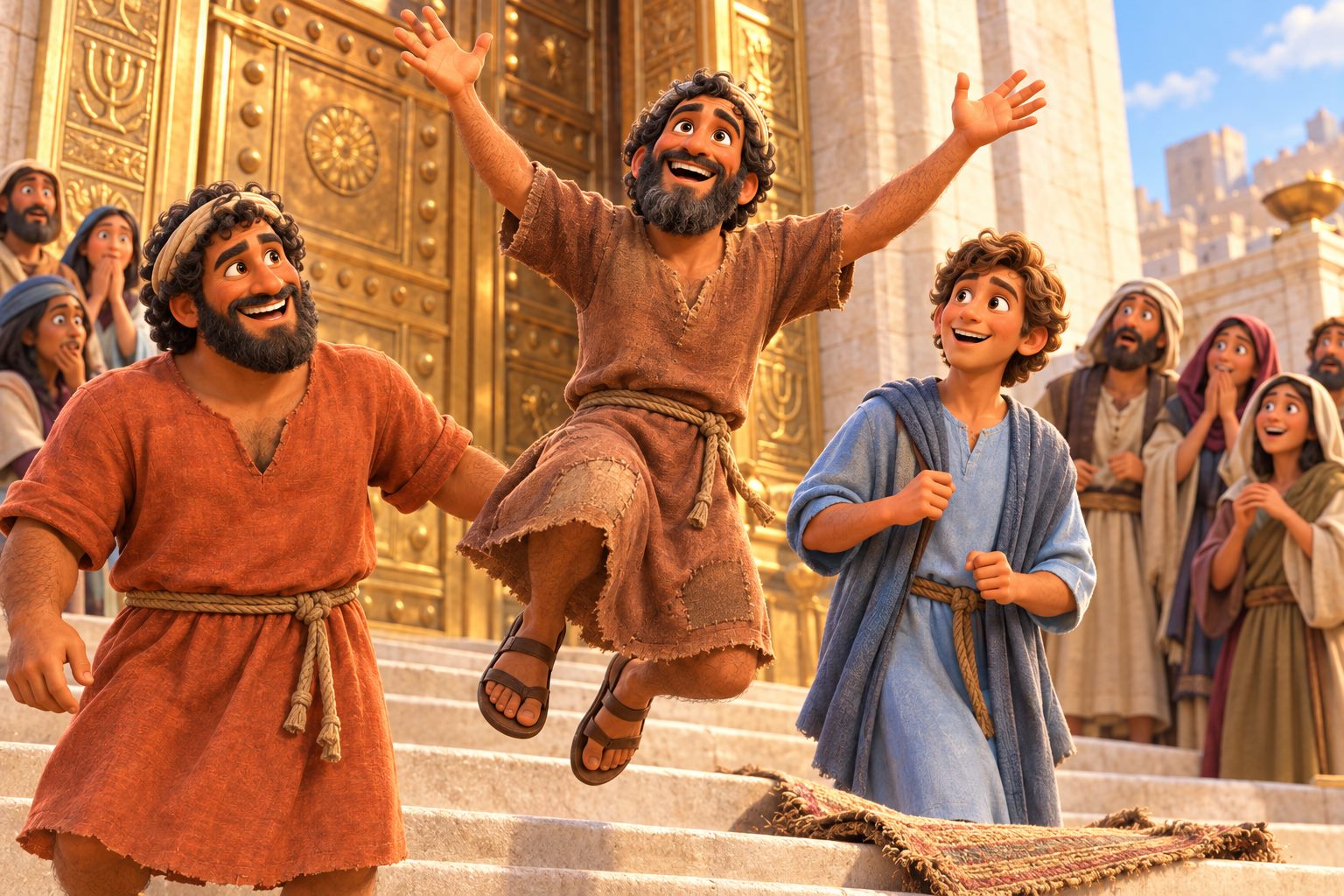 At the temple's bronze Beautiful Gate, the healed man leaps for joy while Peter and John smile and a crowd stares in amazement.