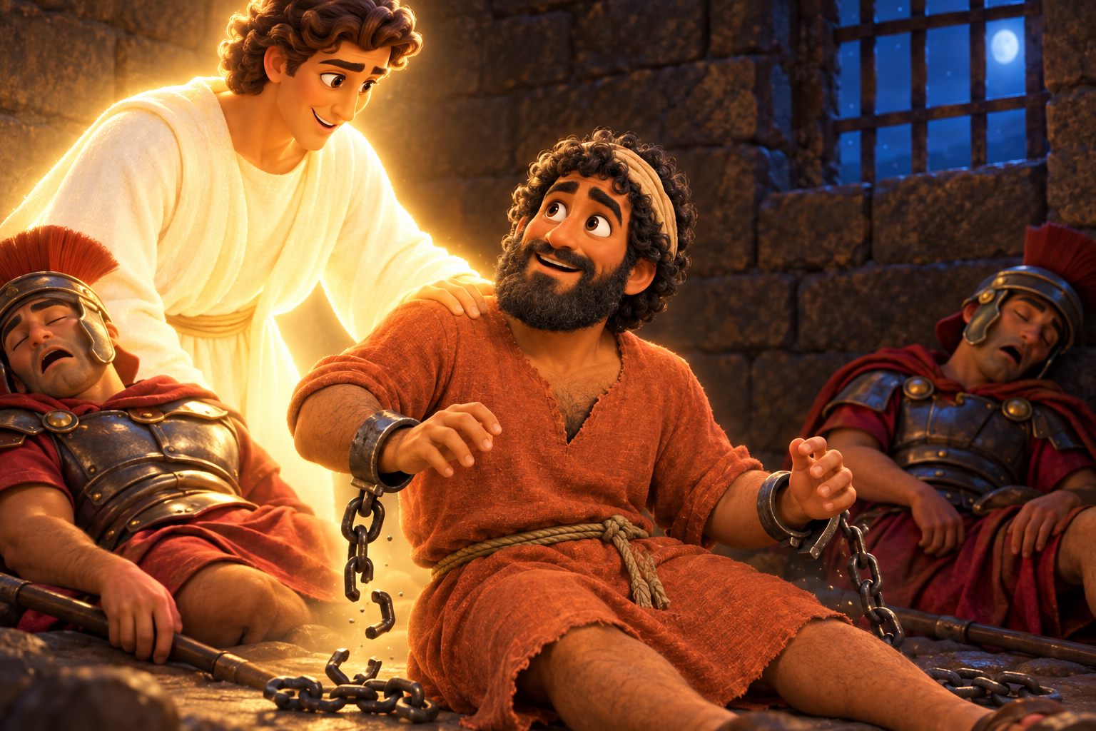 In a dark prison cell, a shining angel wakes Peter as the chains fall from his wrists while two soldiers sleep.