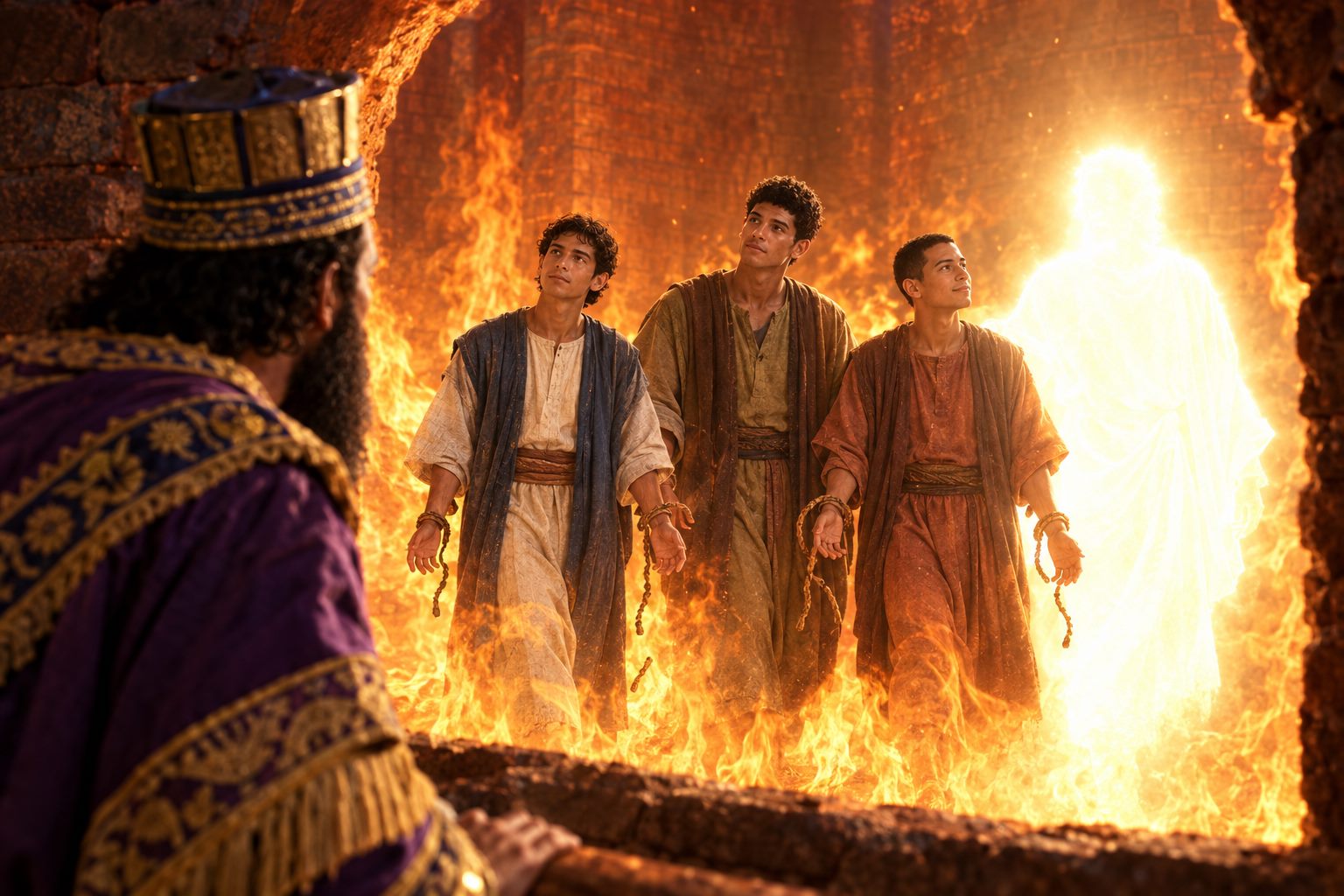 Shadrach, Meshach and Abednego walking unharmed in the glowing furnace with a fourth shining figure, as the king stares in amazement.