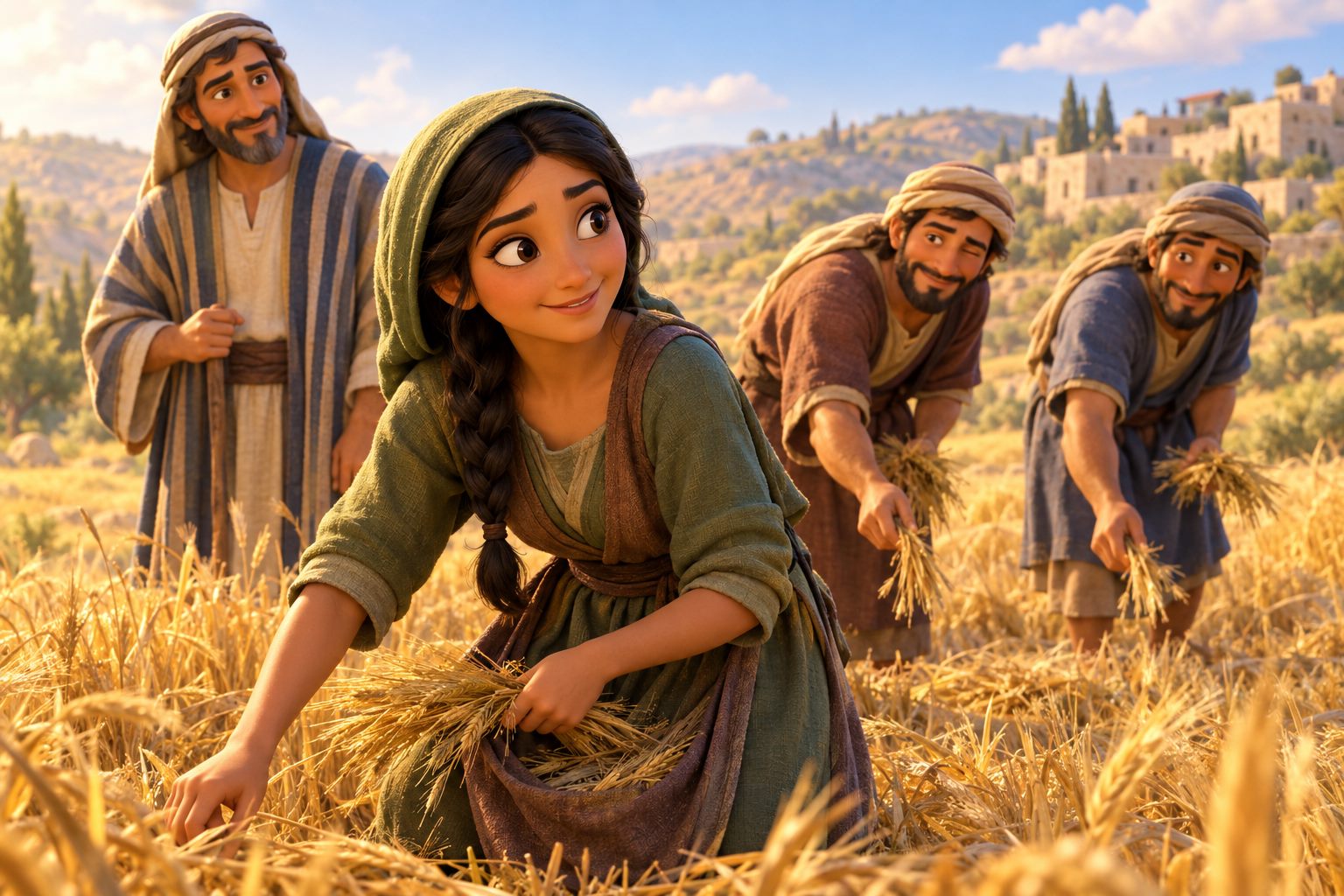 Ruth gleaning barley in a golden field while kind Boaz watches and his workers drop extra stalks for her.