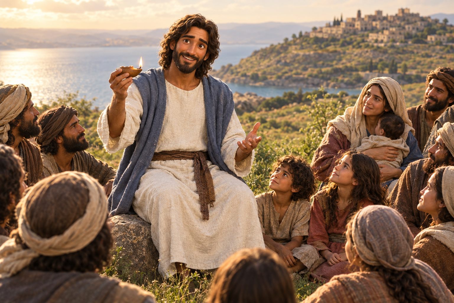 Jesus teaching a crowd on a hillside by the Sea of Galilee, holding up a small clay lamp.