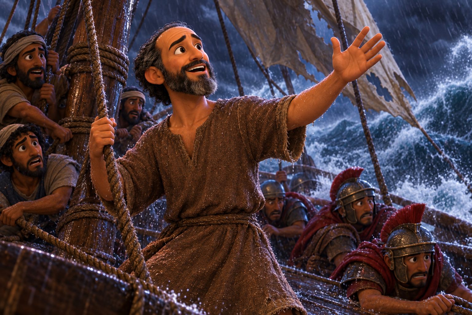 A large Roman grain ship tossed by huge waves in a dark storm, Paul standing on deck encouraging the frightened sailors.