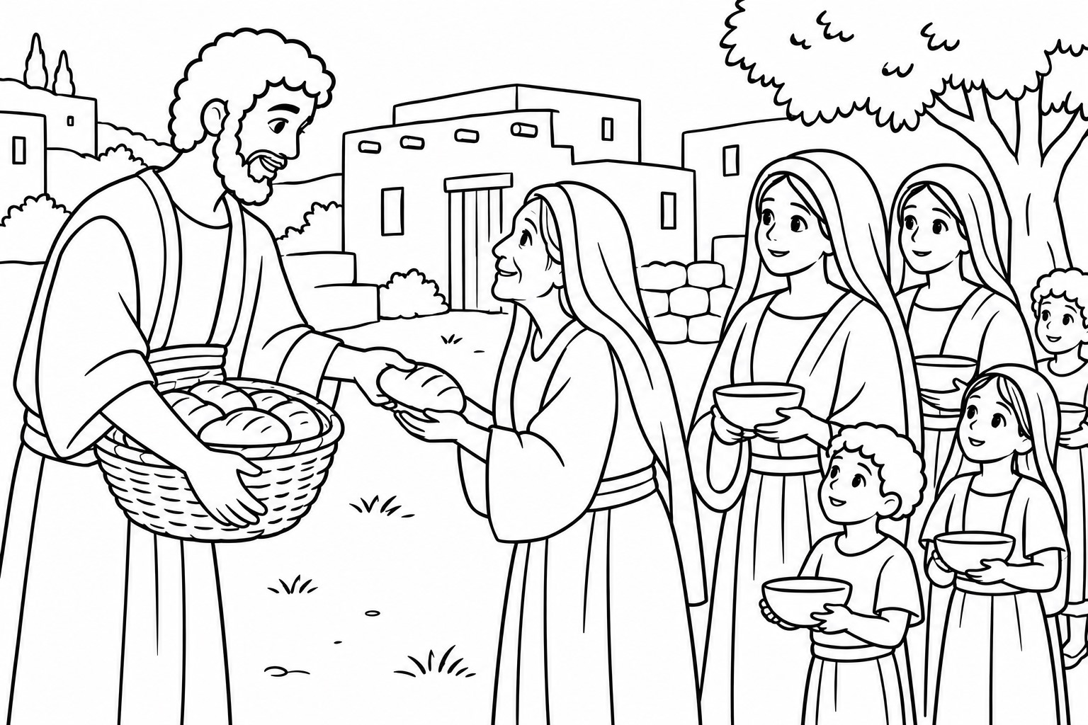 Stephen Forgives Coloring Page 2: Coloring page: Stephen sharing bread with widows and children.