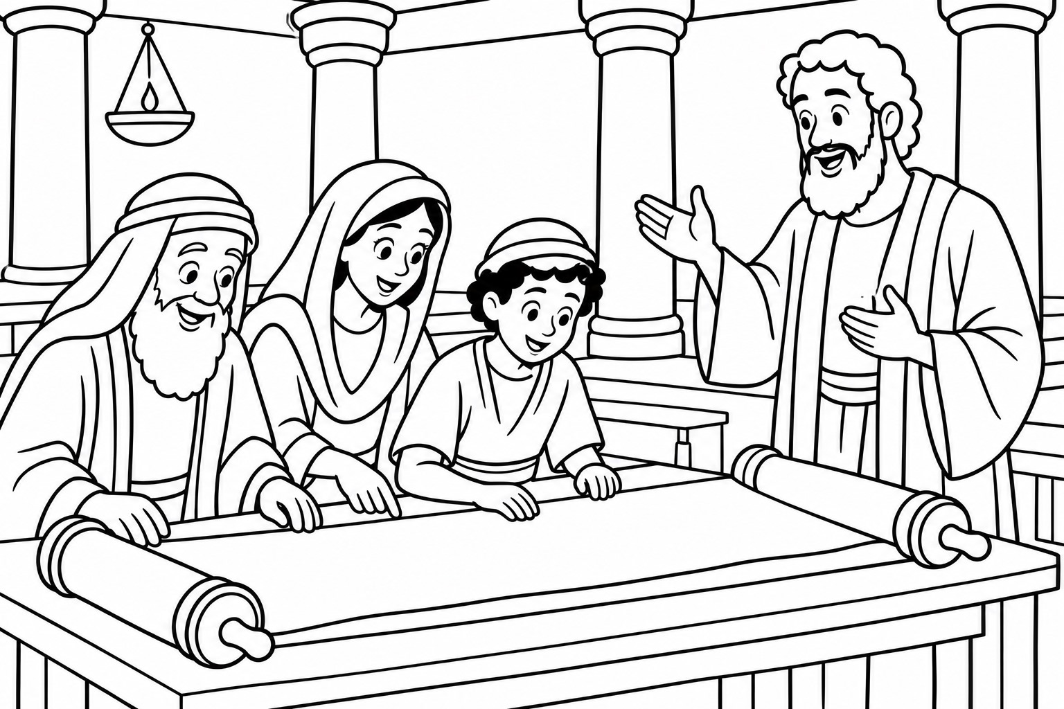 Test Everything Coloring Page 2: Coloring page: people in Berea unrolling a big scroll together and reading carefully.