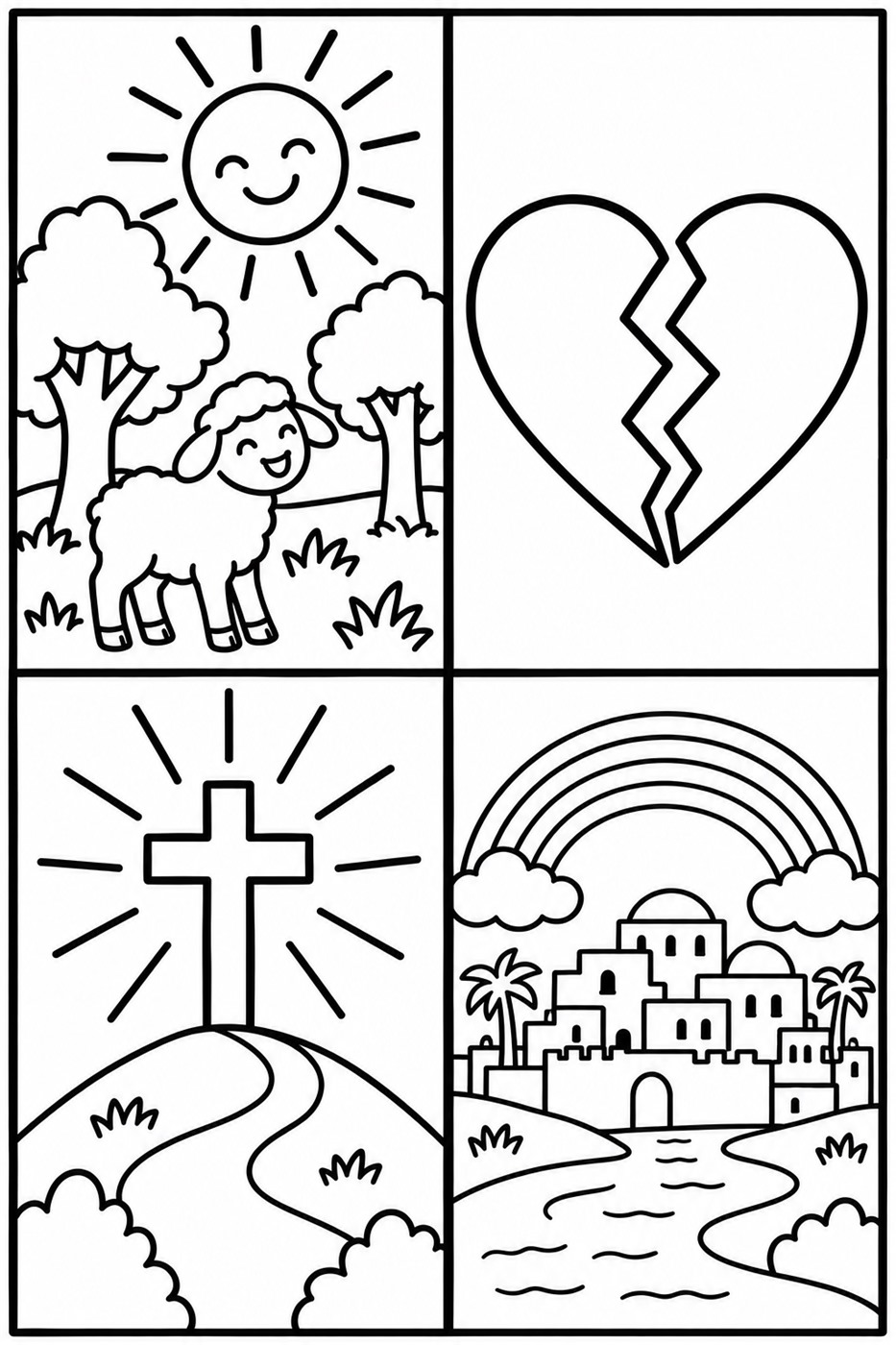 The Big Story Coloring Page: Coloring page: four big boxes showing a sun and trees, a broken heart, a cross, and a happy city.