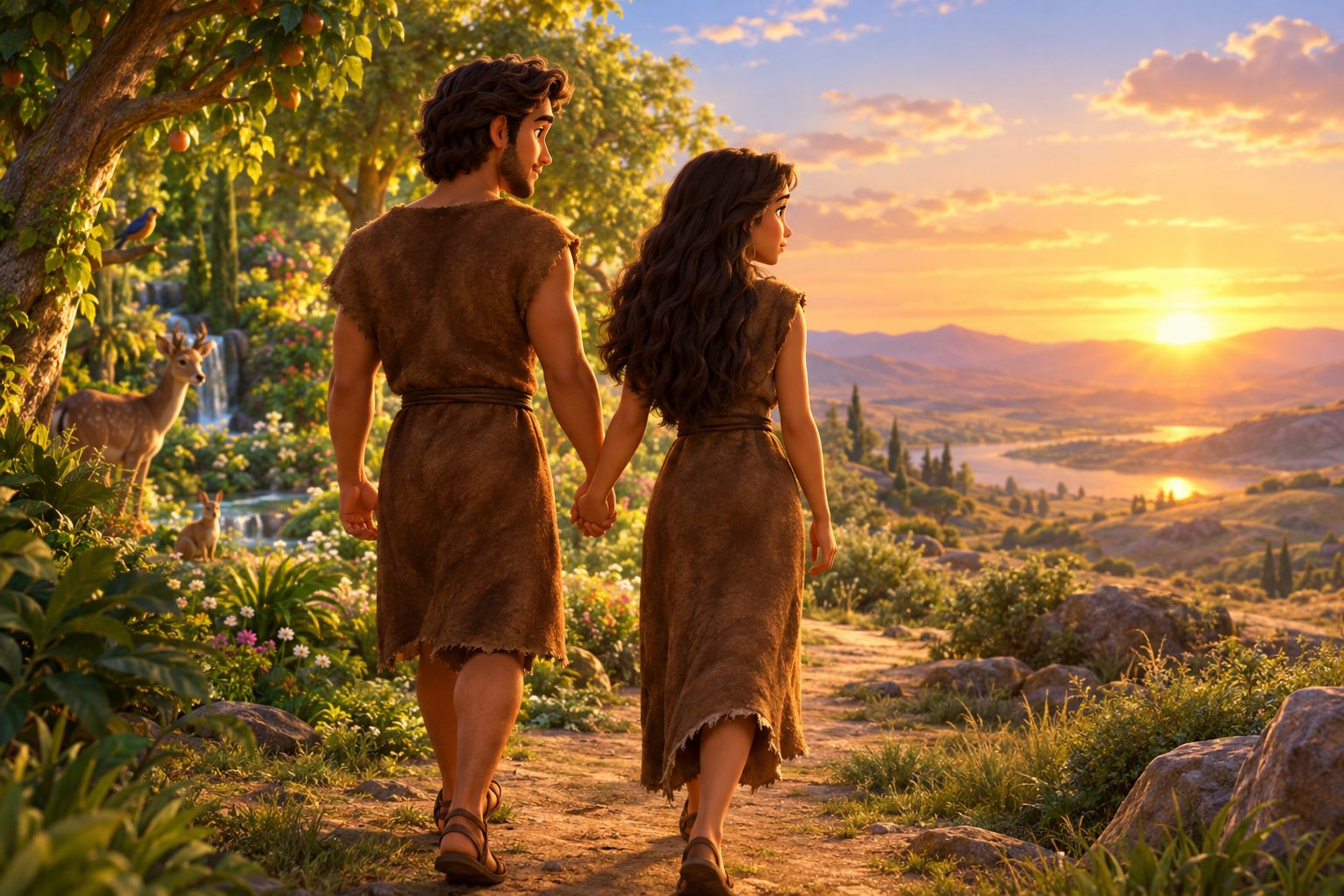 Adam and Eve, dressed in simple tunics, walk out of the garden toward a sunrise.
