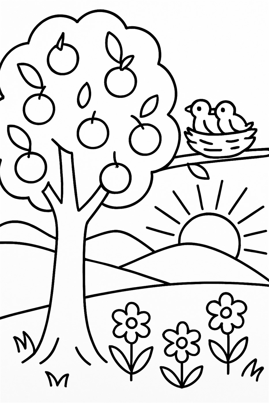 The First Sin and God's Promise Coloring Page: Coloring page: a big fruit tree with a bird's nest and a rising sun.
