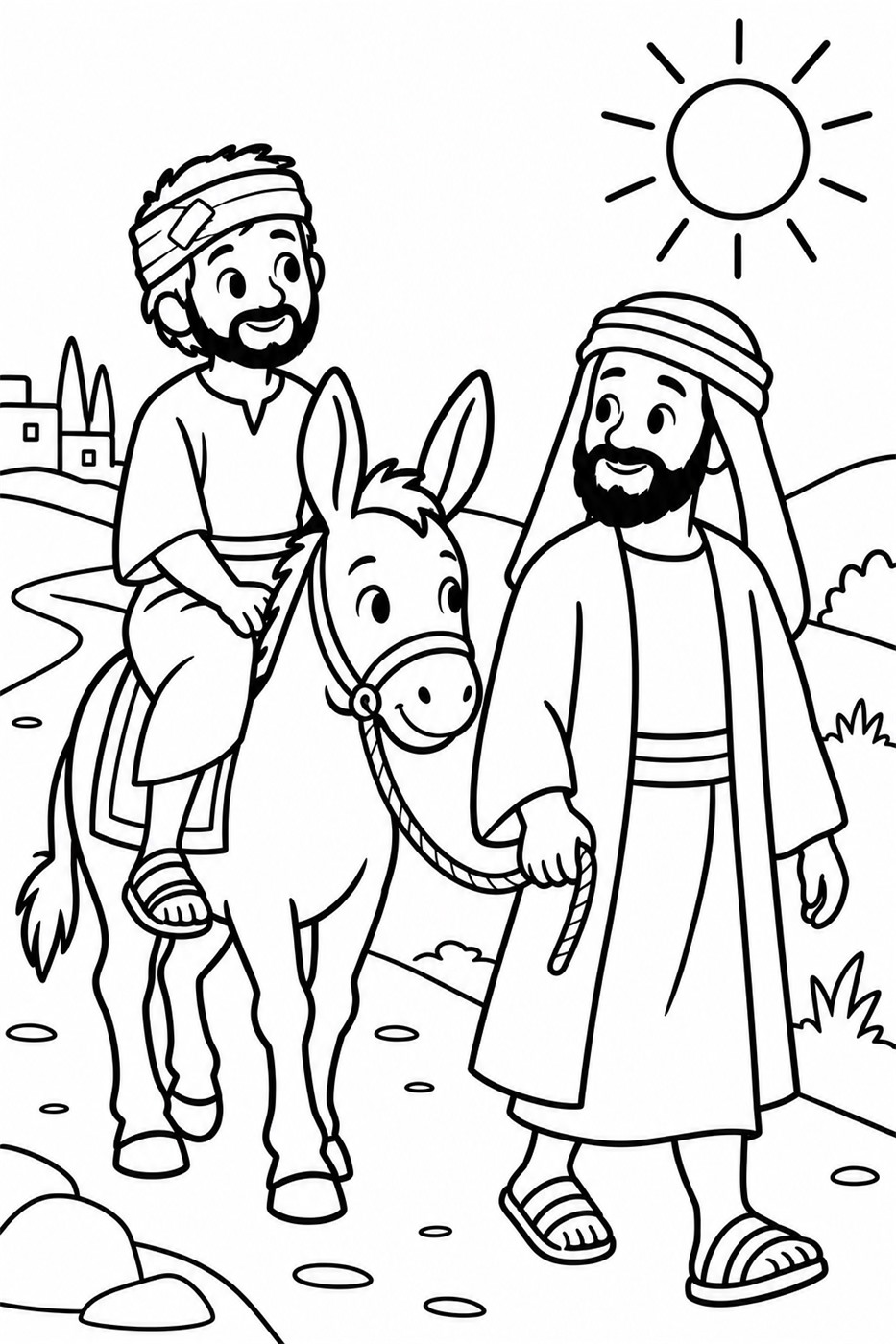 The Good Samaritan Coloring Page: Coloring page: the kind Samaritan walking beside his donkey, which carries the bandaged man.