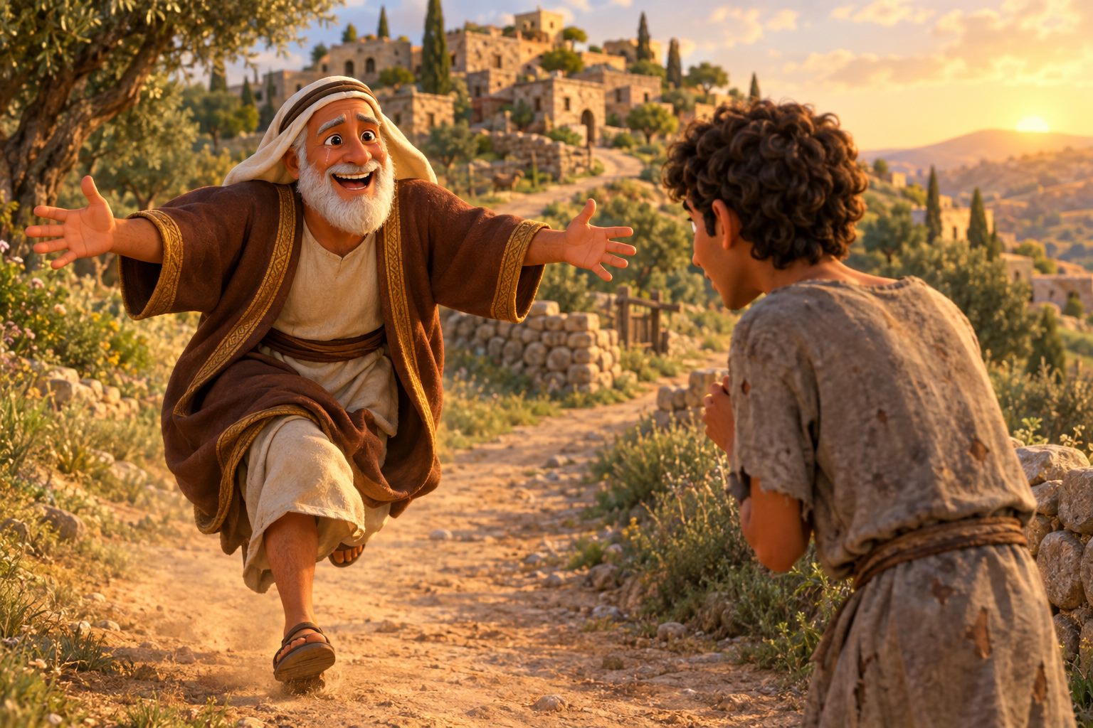 The father running down a dirt road with open arms toward his ragged younger son, their home village behind.
